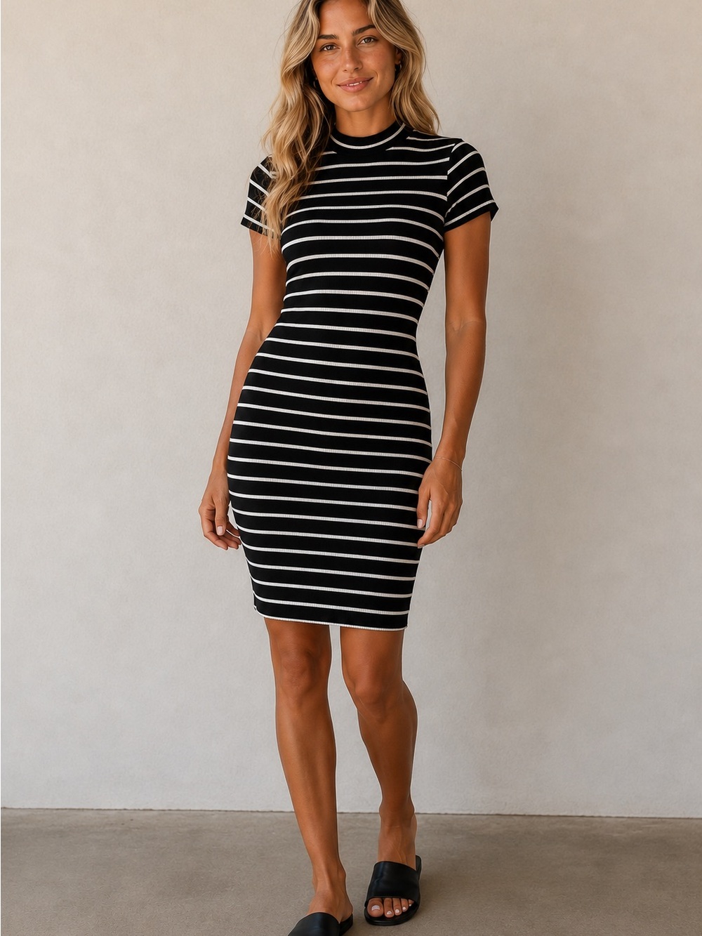 Velvet Torch Black & White Striped Lined Short Sleeve Bodycon Dress Small